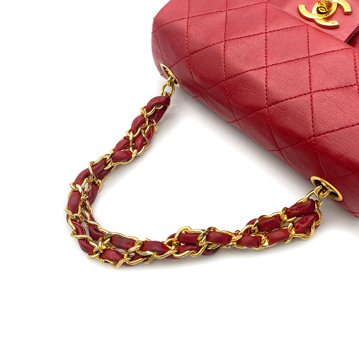 CHANEL VINTAGE MINI SQUARE 17 CHAIN HAND BAG RED LAMB SKIN 90260487