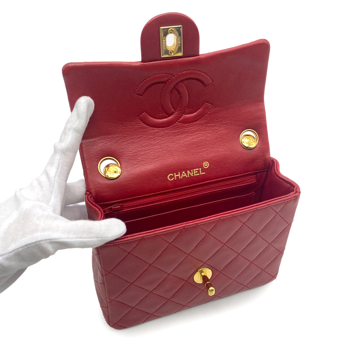 CHANEL VINTAGE MINI SQUARE 17 CHAIN HAND BAG RED LAMB SKIN 90260487