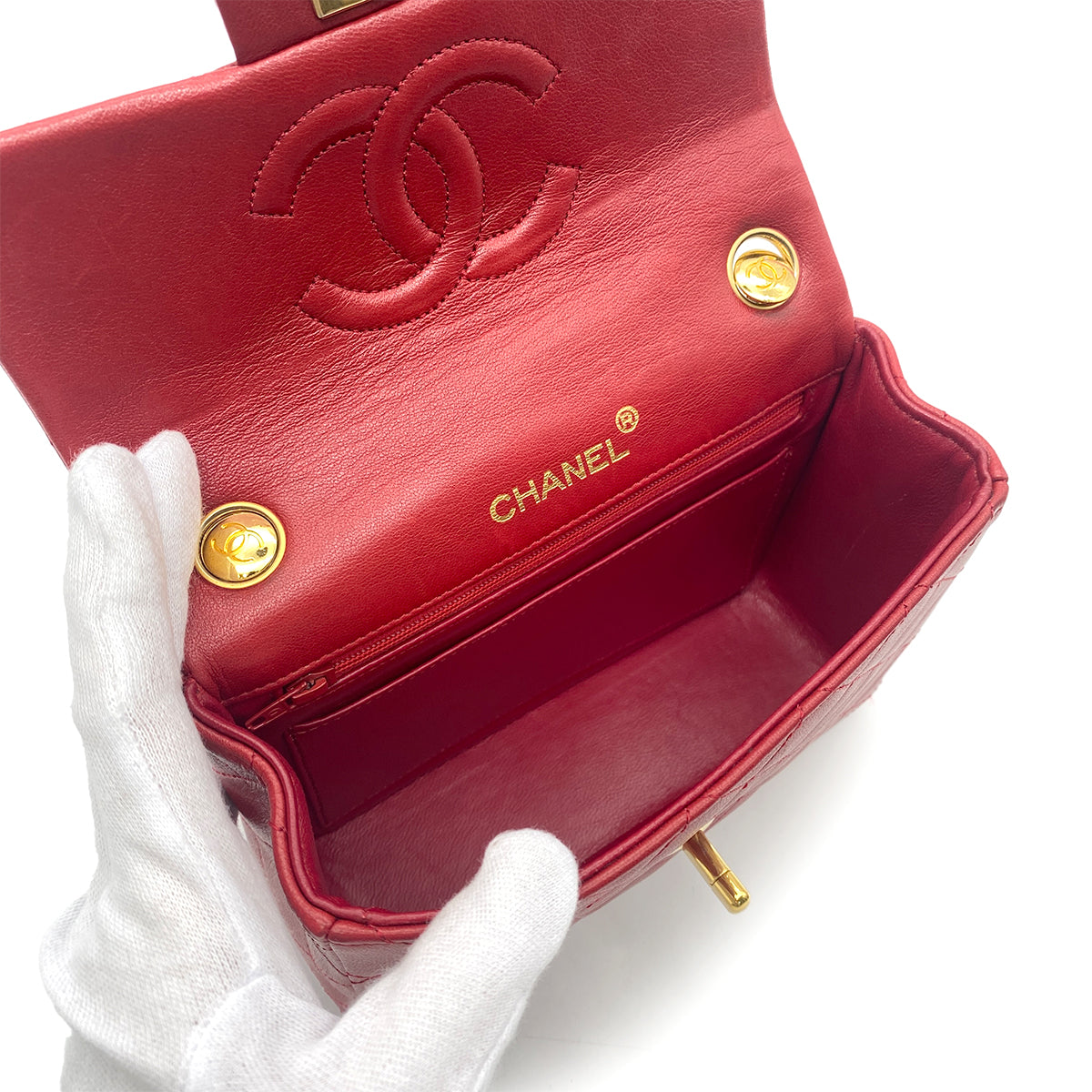 CHANEL VINTAGE MINI SQUARE 17 CHAIN HAND BAG RED LAMB SKIN 90260487