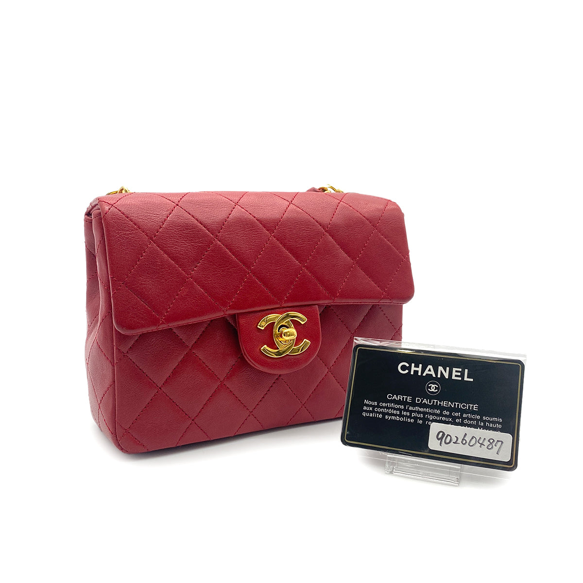 CHANEL VINTAGE MINI SQUARE 17 CHAIN HAND BAG RED LAMB SKIN 90260487