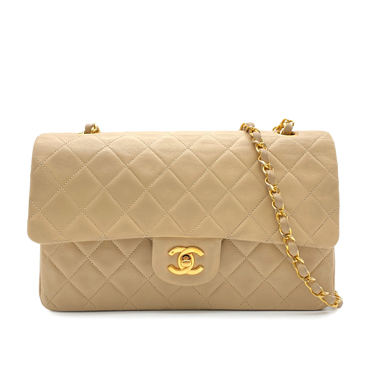 CHANEL VINTAGE CLASSIC FLAP MEDIUM CHAIN SHOULDER BAG BEIGE LAMB SKIN 90260990
