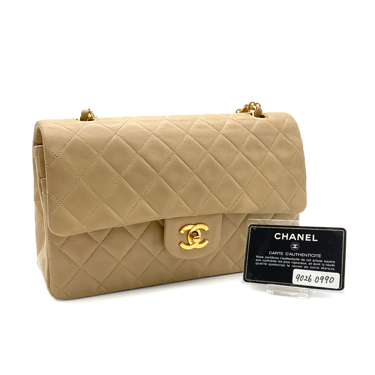 CHANEL VINTAGE CLASSIC FLAP MEDIUM CHAIN SHOULDER BAG BEIGE LAMB SKIN 90260990