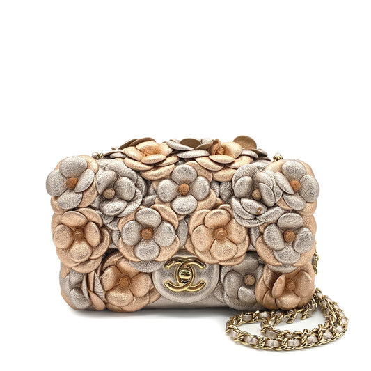 CHANEL CAMELLIA MINI CHAIN SHOULDER BAG METALLIC PINK LAMB SKIN 90261190