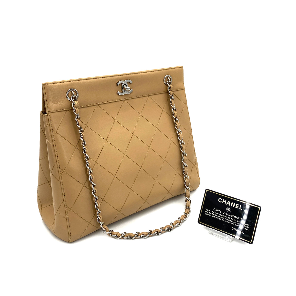 CHANEL VINTAGE MATELASSE CHAIN TOTE BAG BEIGE LAMB SKIN 90261191