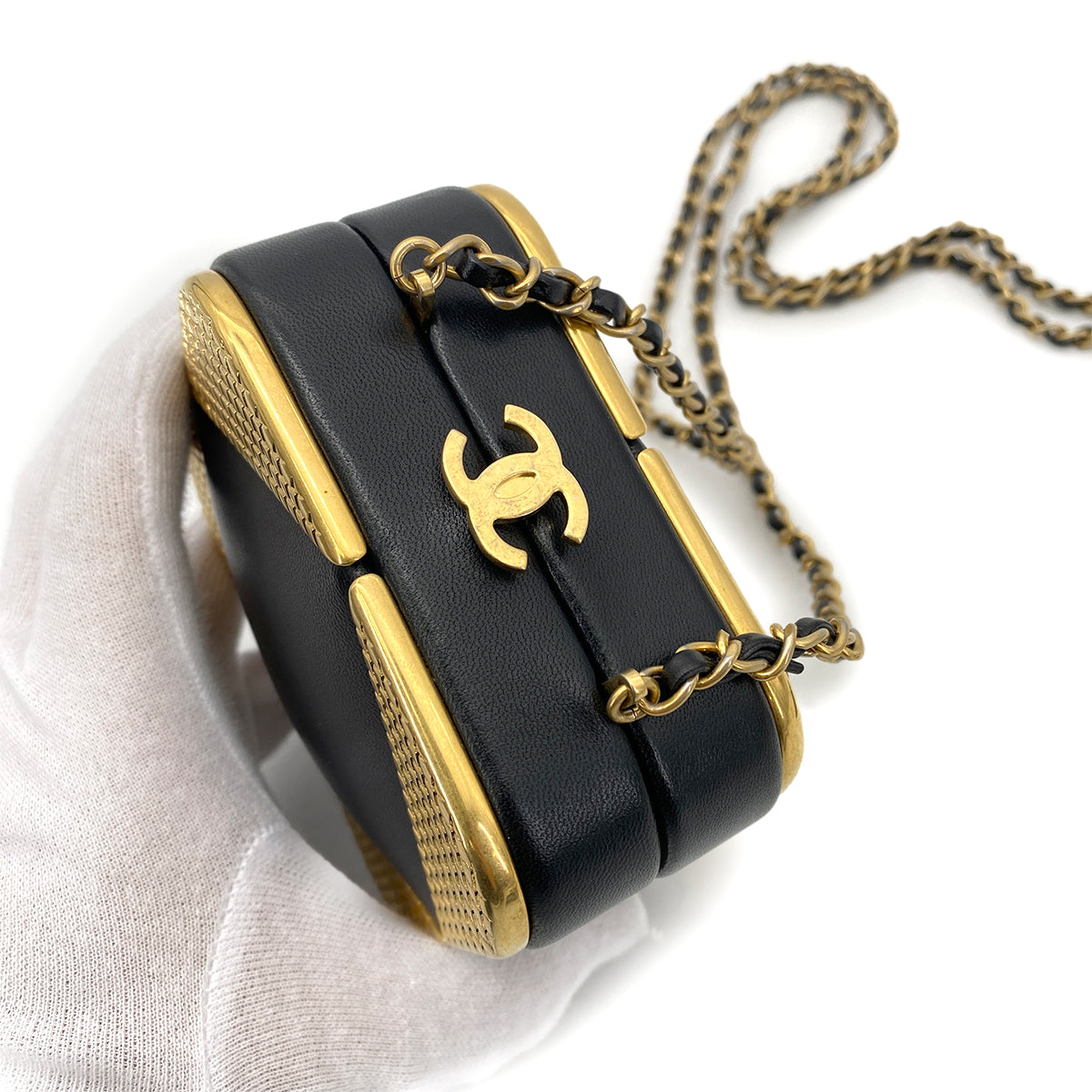 CHANEL METAL PANEL CLUTCH CHAIN SHOULDER BAG GOLD BLACK LAMB SKIN 90261192