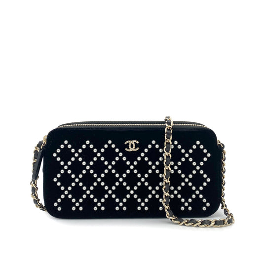 CHANEL FAUX PEARL MATELASSE CHAIN WALLET VELOR BLACK 90261193