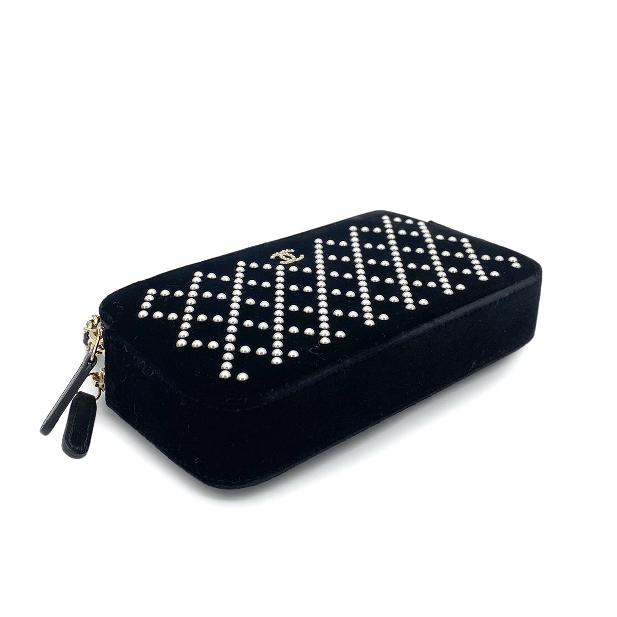 CHANEL FAUX PEARL MATELASSE CHAIN WALLET VELOR BLACK 90261193