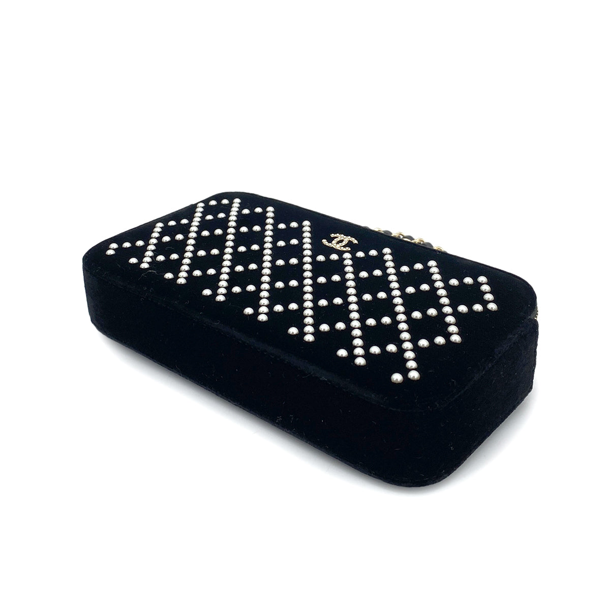 CHANEL FAUX PEARL MATELASSE CHAIN WALLET VELOR BLACK 90261193