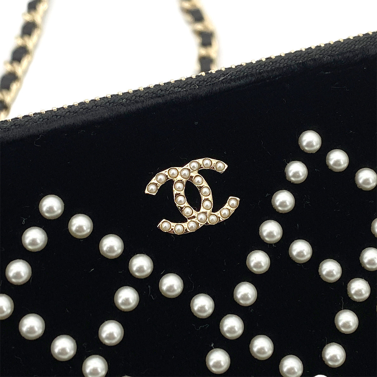 CHANEL FAUX PEARL MATELASSE CHAIN WALLET VELOR BLACK 90261193