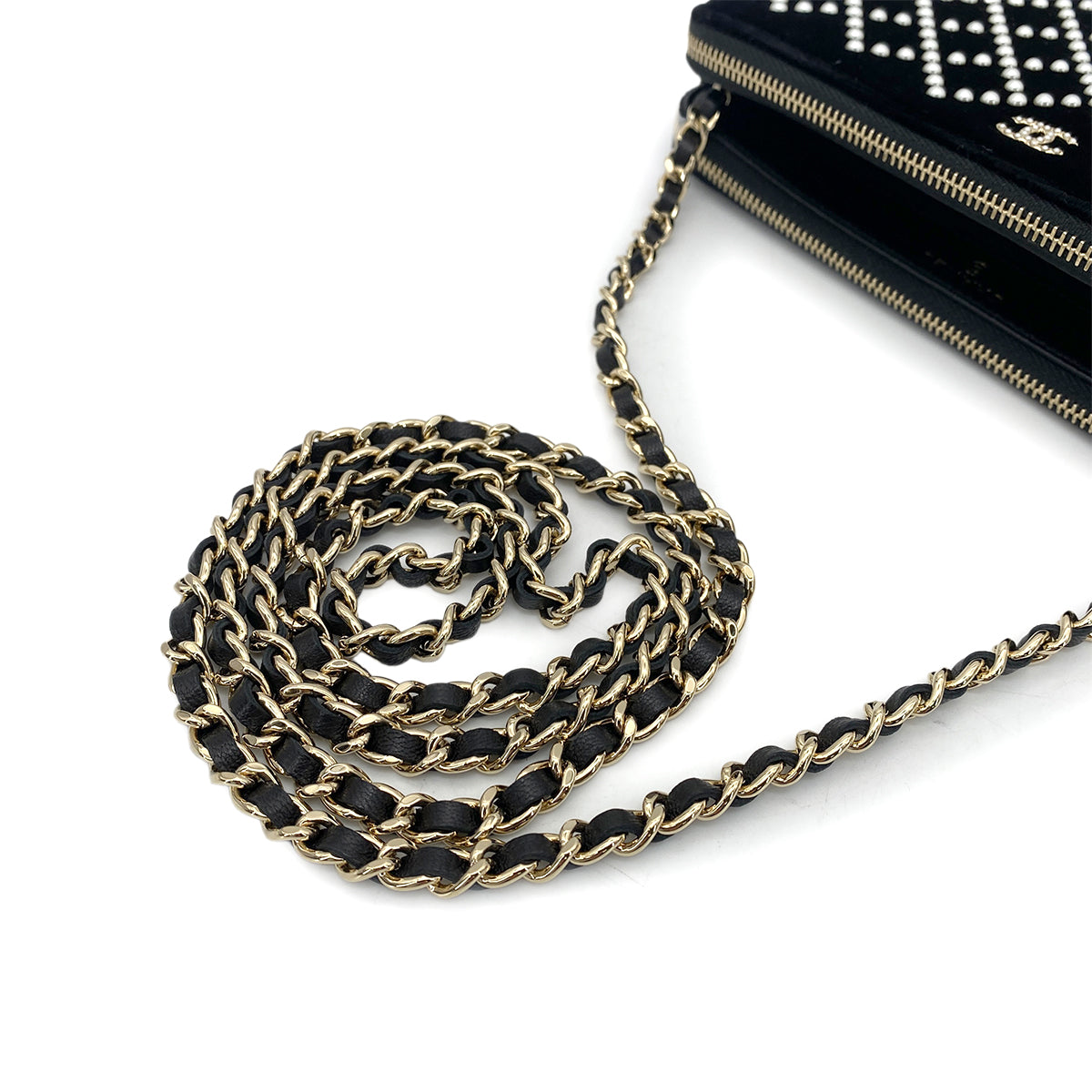 CHANEL FAUX PEARL MATELASSE CHAIN WALLET VELOR BLACK 90261193