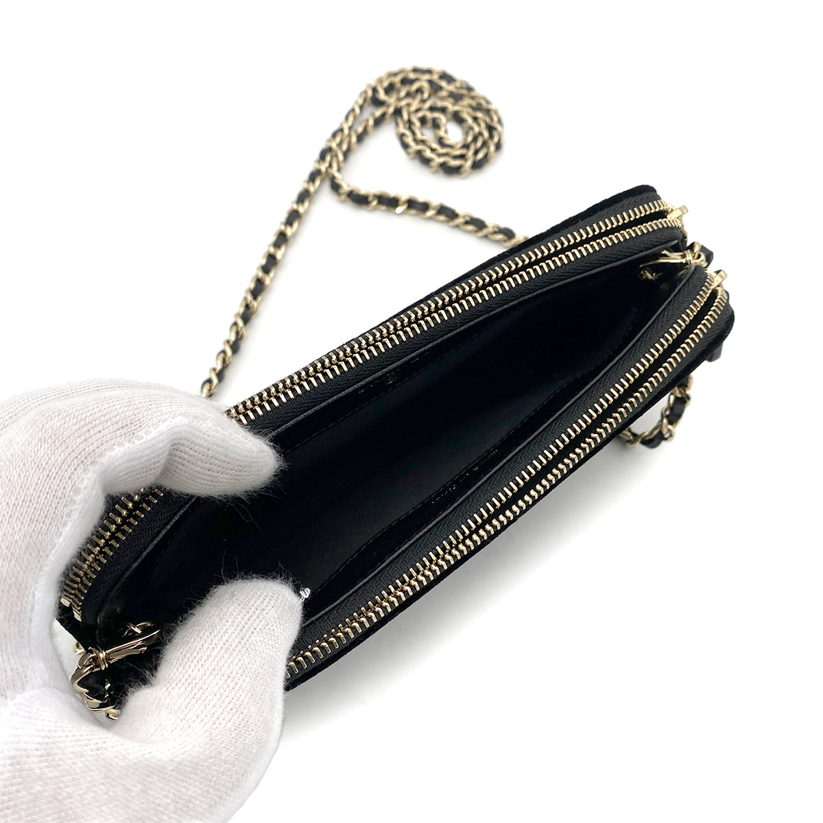 CHANEL FAUX PEARL MATELASSE CHAIN WALLET VELOR BLACK 90261193