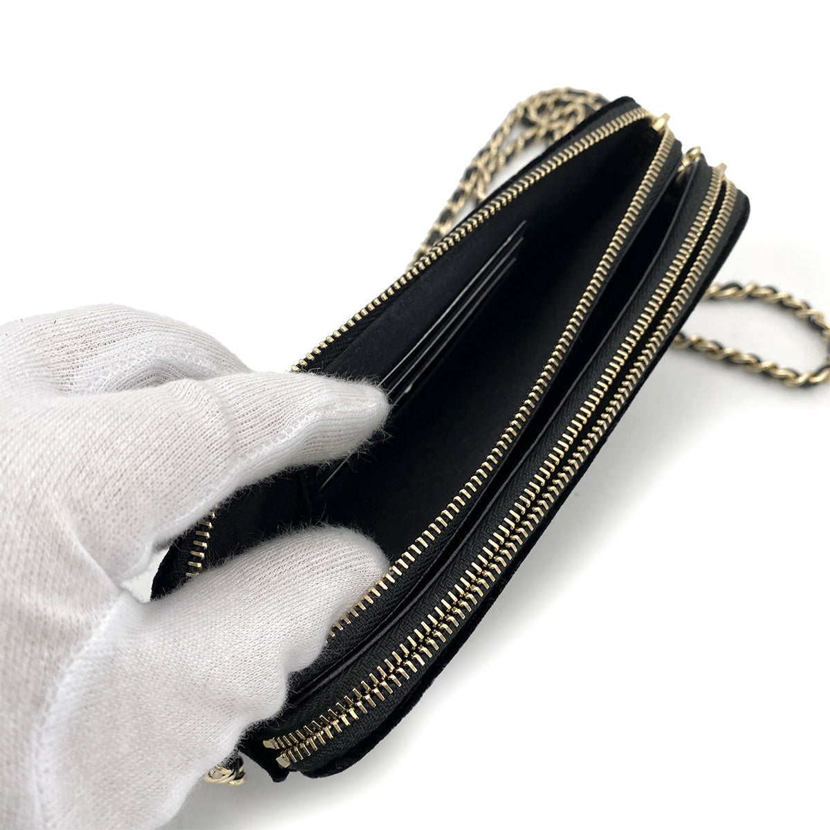 CHANEL FAUX PEARL MATELASSE CHAIN WALLET VELOR BLACK 90261193