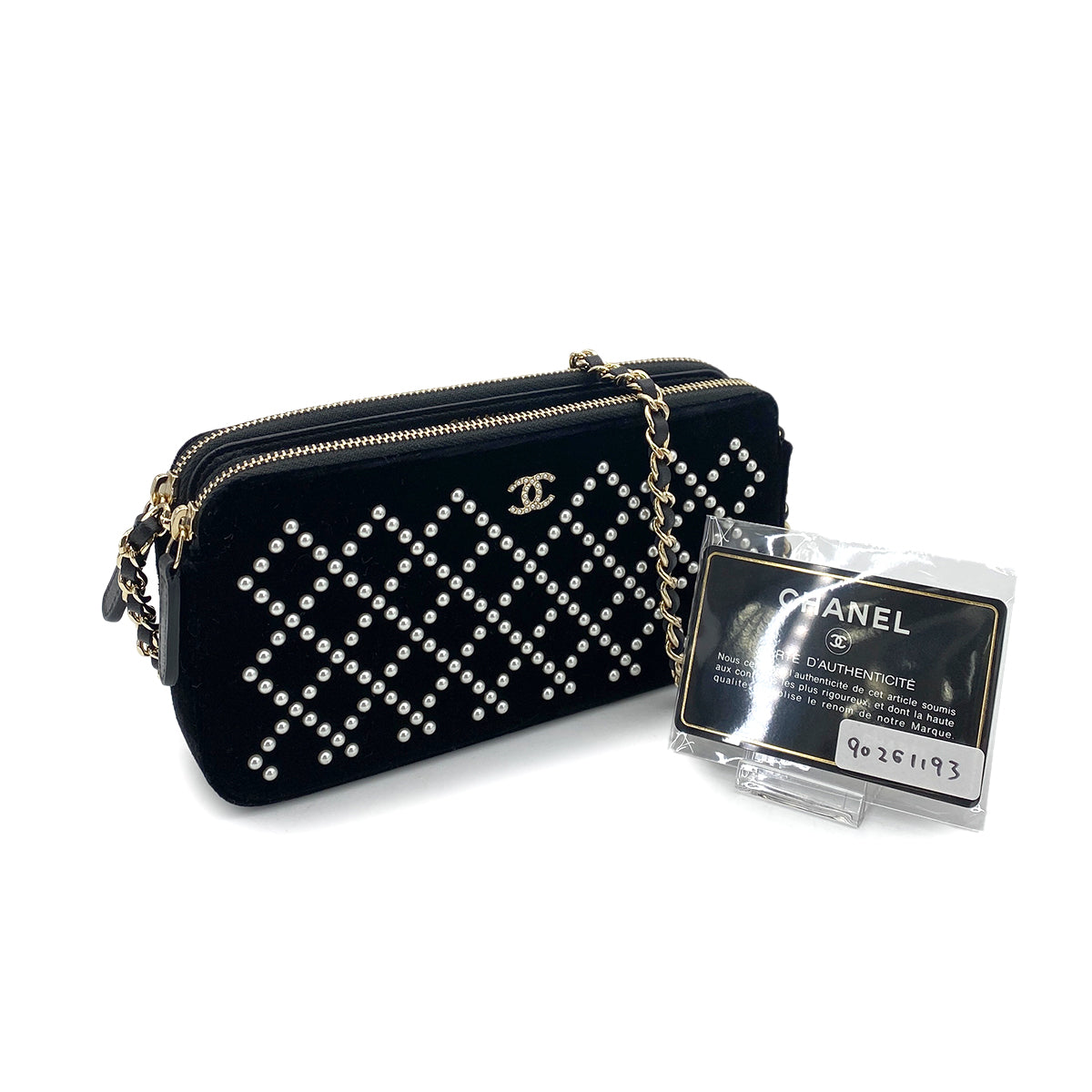 CHANEL FAUX PEARL MATELASSE CHAIN WALLET VELOR BLACK 90261193