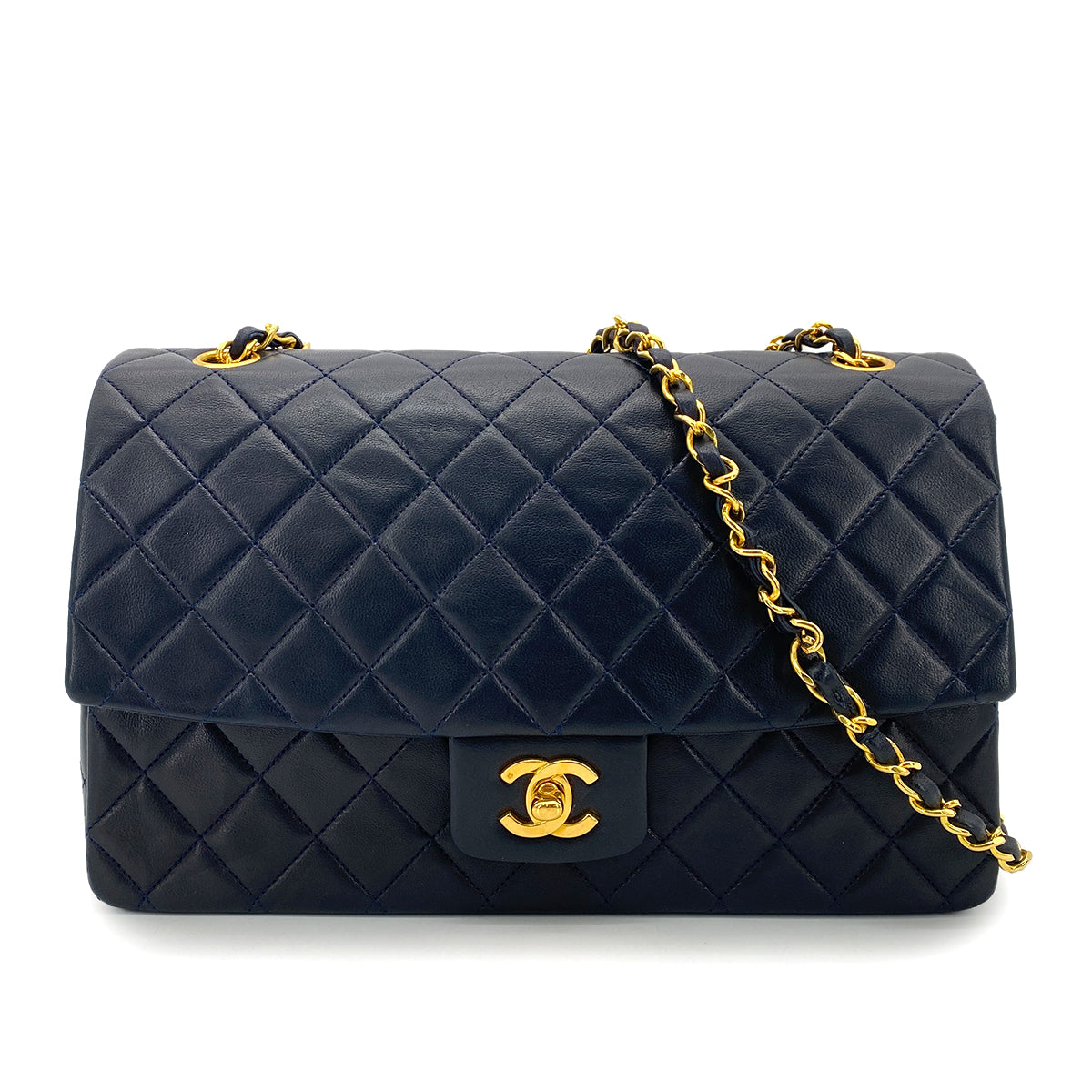 CHANEL VINTAGE MATELASSE CHAIN SHOULDER BAG NAVY LAMB SKIN 90261196