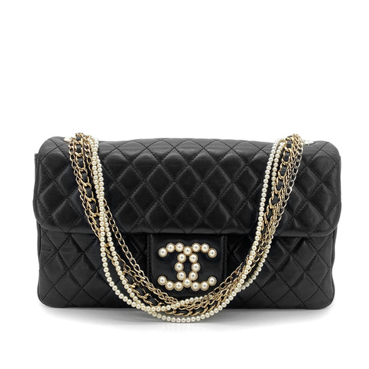 CHANEL WESTMINSTER CHAIN SHOULDER BAG FAUX PEARL BLACK LAMB SKIN 90261214