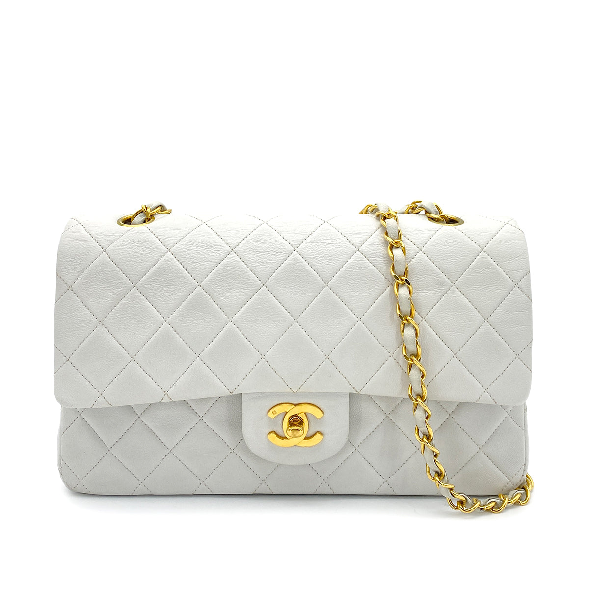 CHANEL VINTAGE CLASSIC FLAP MEDIUM CHAIN SHOULDER BAG WHITE LAMB SKIN 90261225