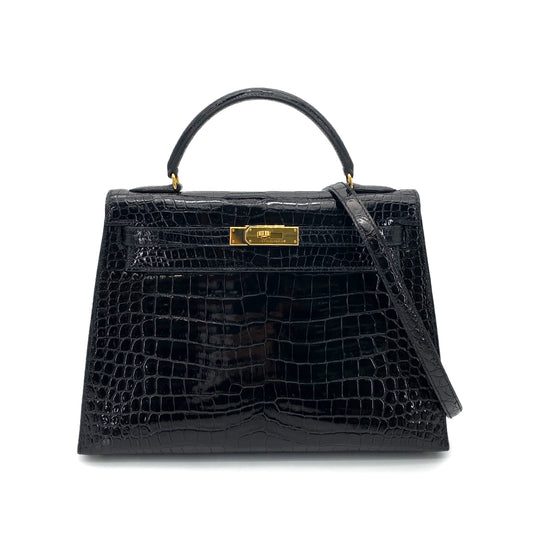 HERMES KELLY 32 SELLIER BLACK POROSUS CROCODILE HAND SHOULDER BAG □B 90261232