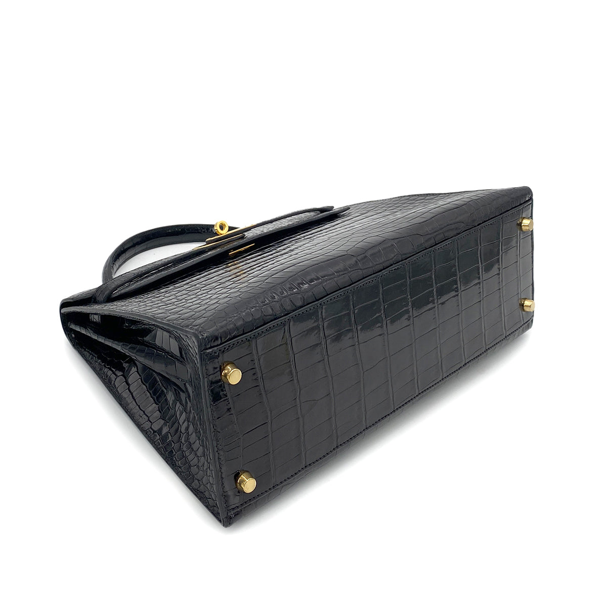 HERMES KELLY 32 SELLIER BLACK POROSUS CROCODILE HAND SHOULDER BAG □B 90261232