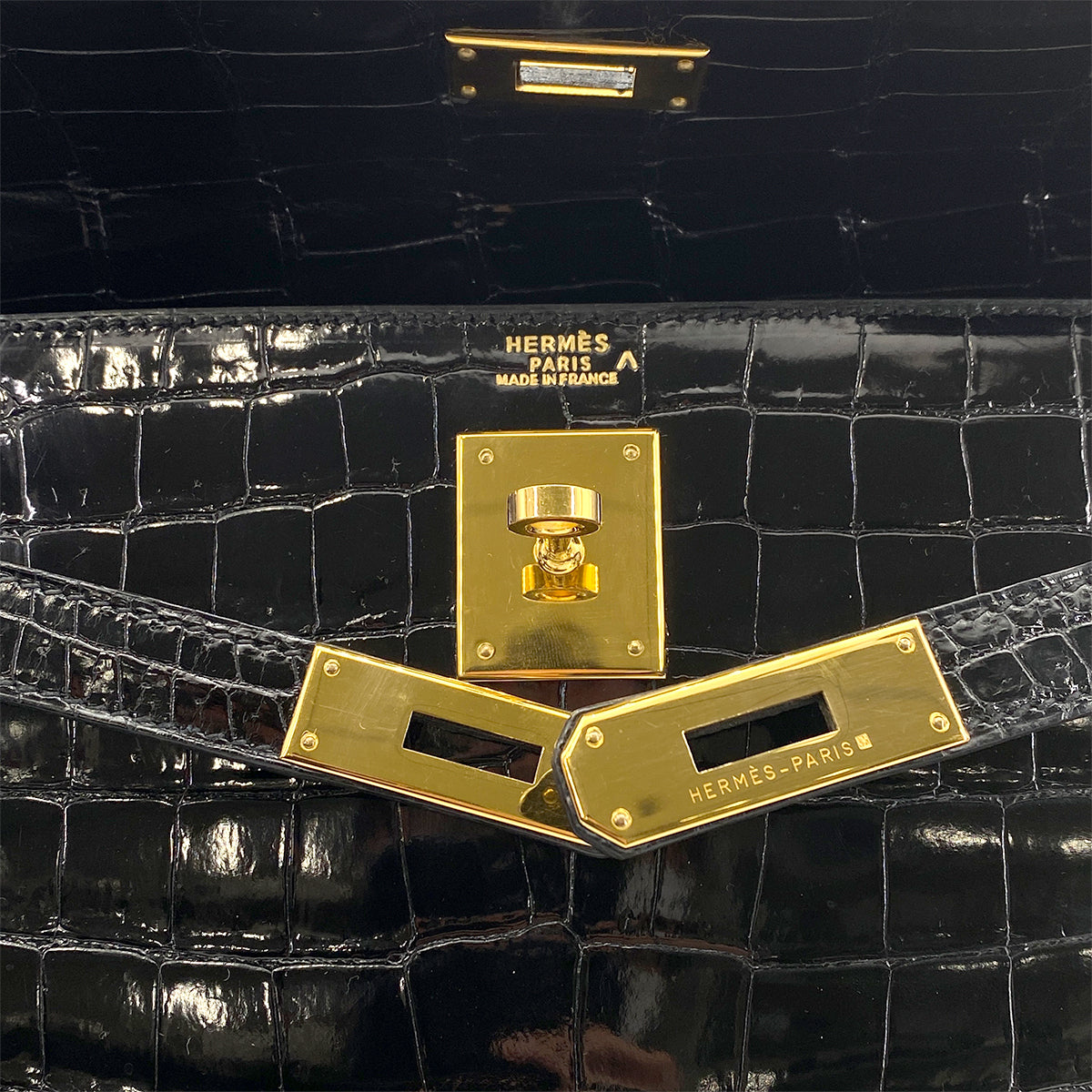 HERMES KELLY 32 SELLIER BLACK POROSUS CROCODILE HAND SHOULDER BAG □B 90261232