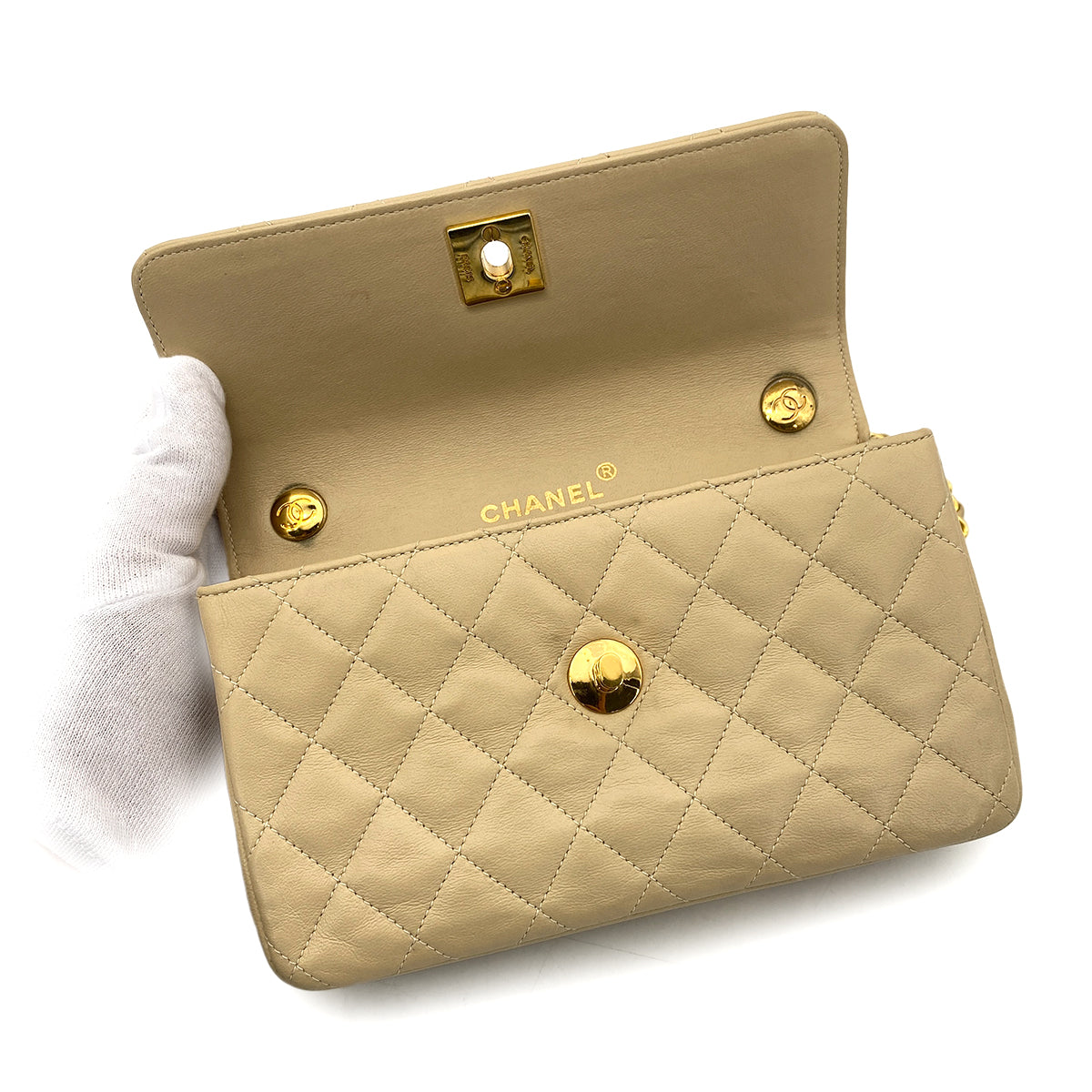 CHANEL VINTAGE MINI MATELASSE CHAIN SHOULDER BAG BEIGE LAMB SKIN 90261298