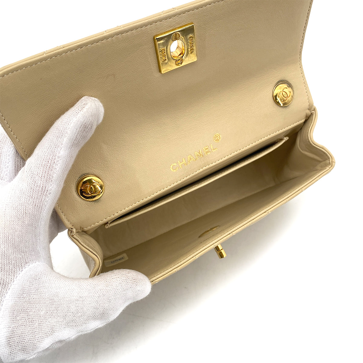 CHANEL VINTAGE MINI MATELASSE CHAIN SHOULDER BAG BEIGE LAMB SKIN 90261298