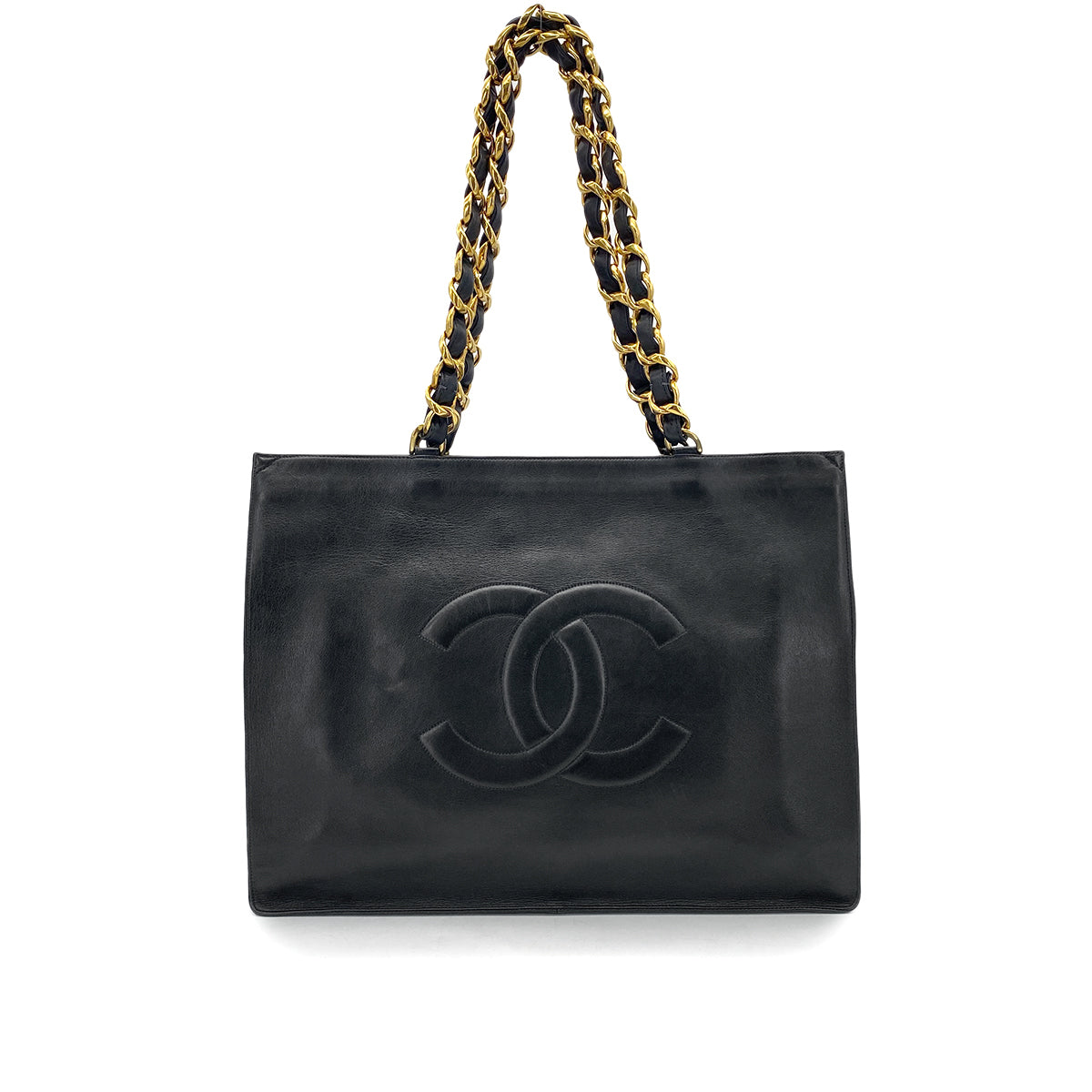 CHANEL VINTAGE BIG COCO CHAIN TOTE BAG BLACK LAMB SKIN 90261299