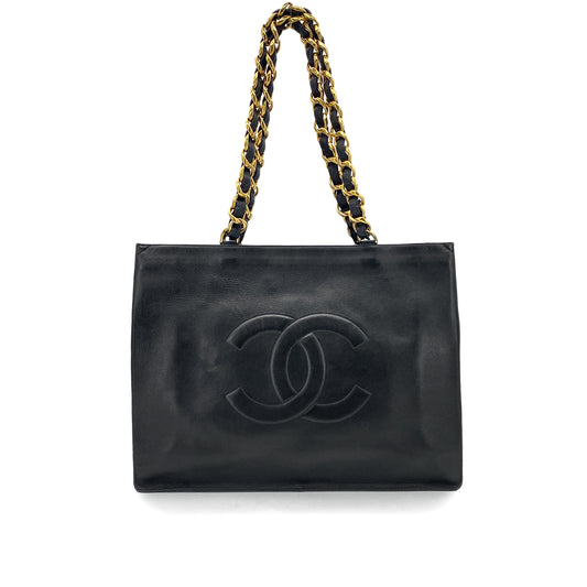 CHANEL VINTAGE BIG COCO CHAIN TOTE BAG BLACK LAMB SKIN 90261299