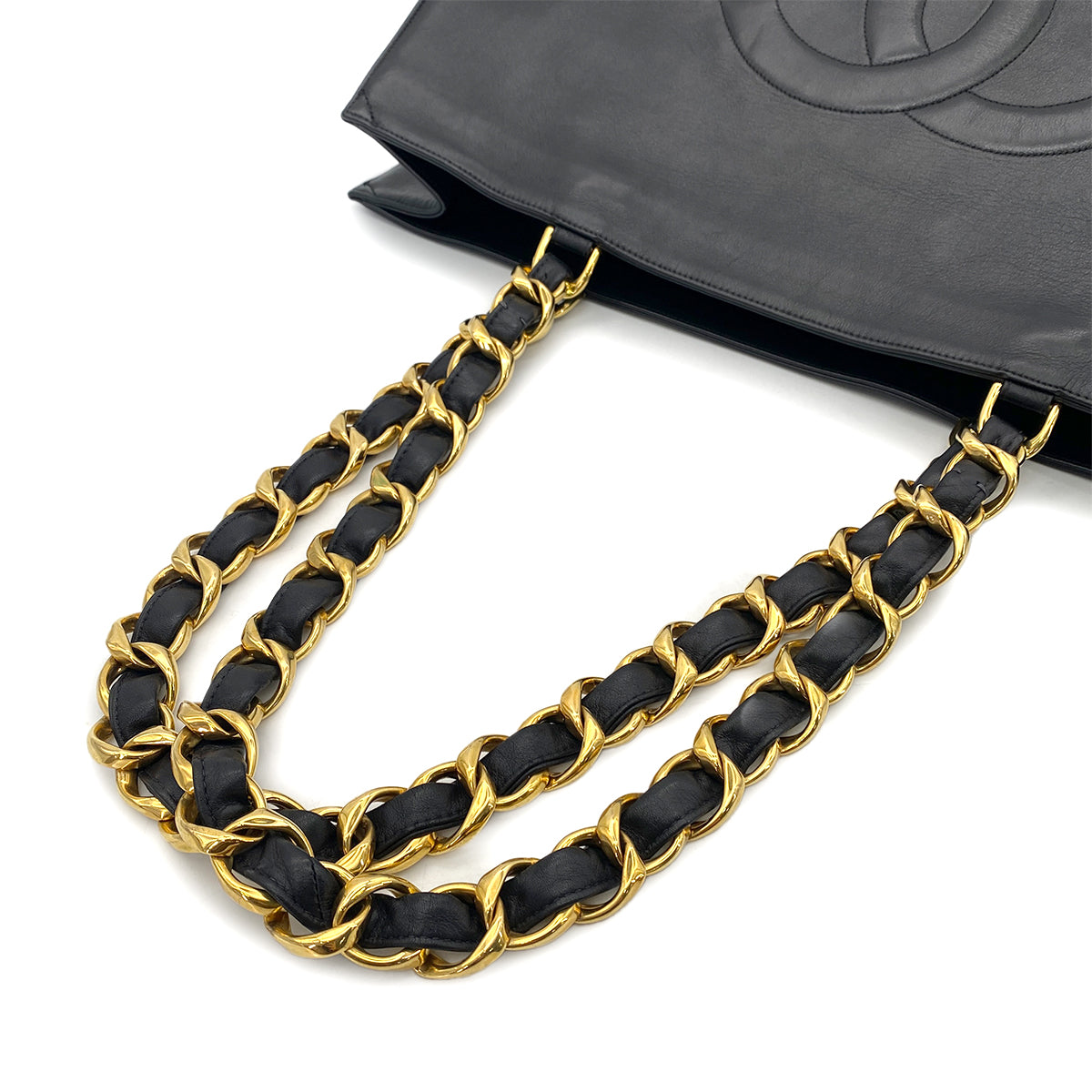 CHANEL VINTAGE BIG COCO CHAIN TOTE BAG BLACK LAMB SKIN 90261299