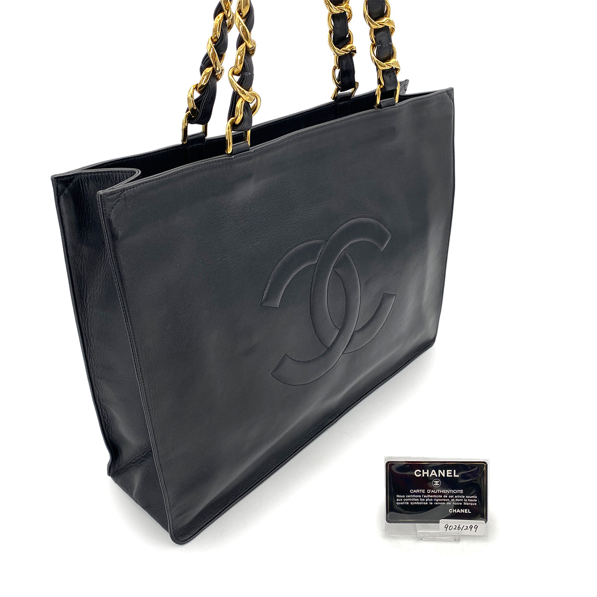 CHANEL VINTAGE BIG COCO CHAIN TOTE BAG BLACK LAMB SKIN 90261299