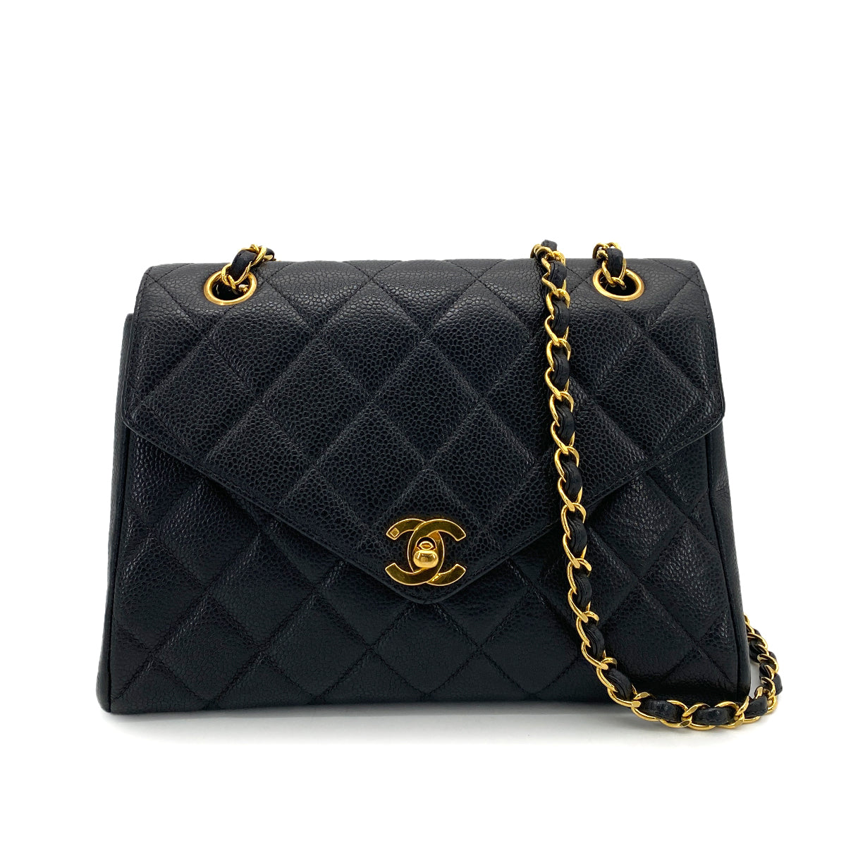 CHANEL VINTAGE MATELASSE CHAIN HAND BAG BLACK CAVIAR SKIN 90261301