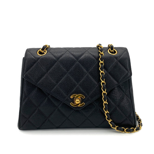 CHANEL VINTAGE MATELASSE CHAIN HAND BAG BLACK CAVIAR SKIN 90261301