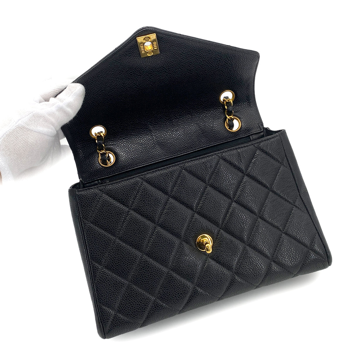 CHANEL VINTAGE MATELASSE CHAIN HAND BAG BLACK CAVIAR SKIN 90261301