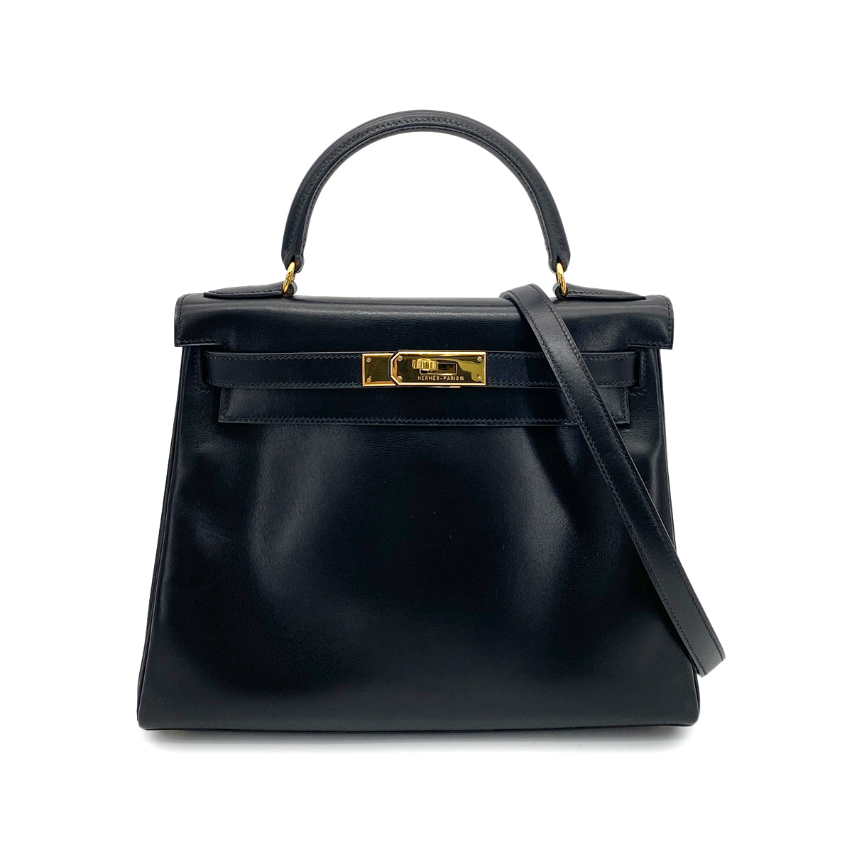 HERMES KELLY 28 RETOURNE BLACK BOXCALF HAND SHOULDER BAG □C GHW 90261305