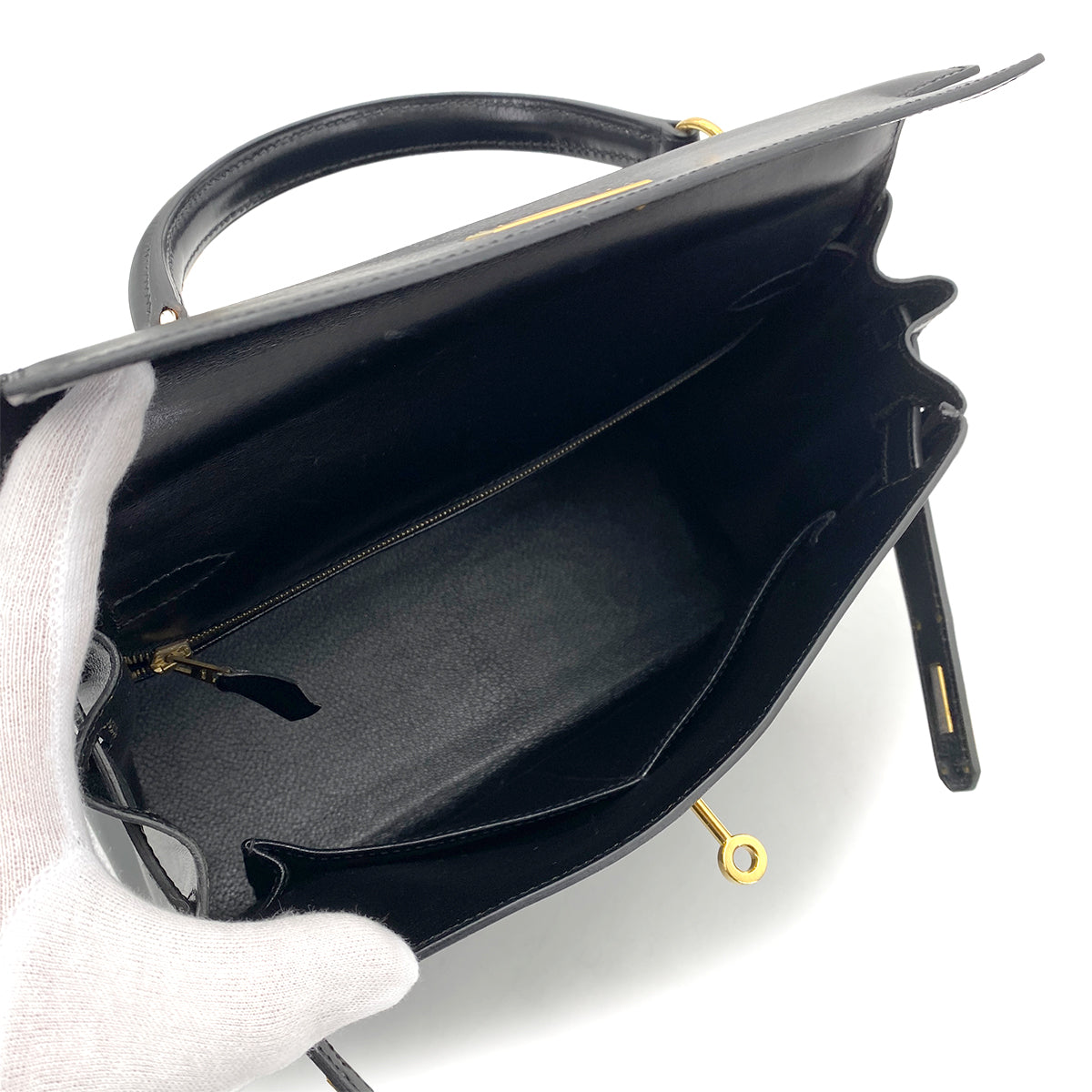 HERMES KELLY 28 RETOURNE BLACK BOXCALF HAND SHOULDER BAG □C GHW 90261305