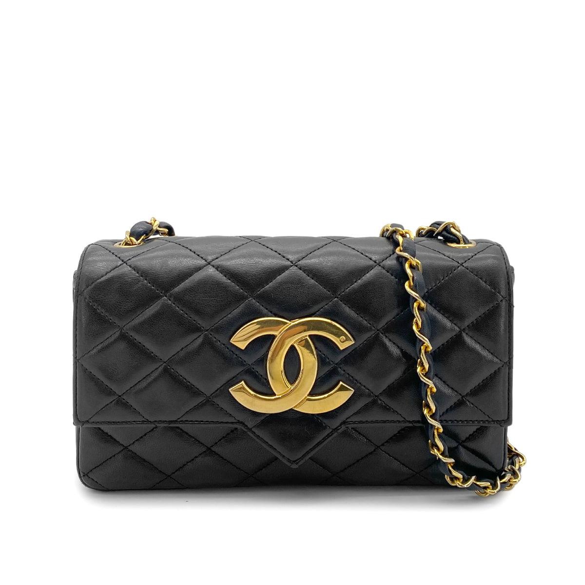 CHANEL VINTAGE MATELASSE BIG COCO CHAIN SHOULDER BAG BLACK LAMB SKIN 90261306