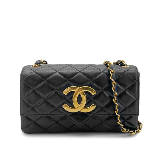 CHANEL VINTAGE MATELASSE BIG COCO CHAIN SHOULDER BAG BLACK LAMB SKIN 90261306