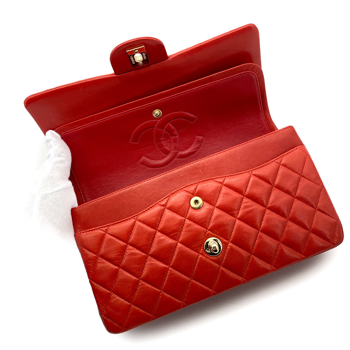 CHANEL VINTAGE CLASSIC FLAP MEDIUM CHAIN SHOULDER BAG RED LAMB SKIN 90261310