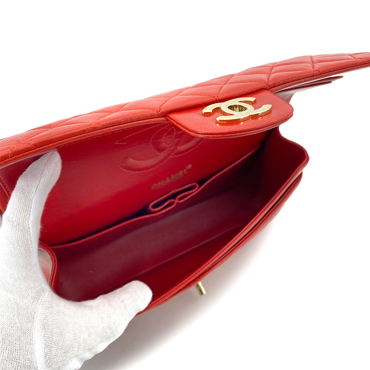 CHANEL VINTAGE CLASSIC FLAP MEDIUM CHAIN SHOULDER BAG RED LAMB SKIN 90261310