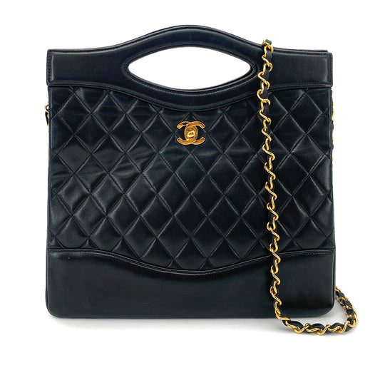 CHANEL VINTAGE CHAIN TOTE SHOULDER BAG BLACK LAMB SKIN 90261317