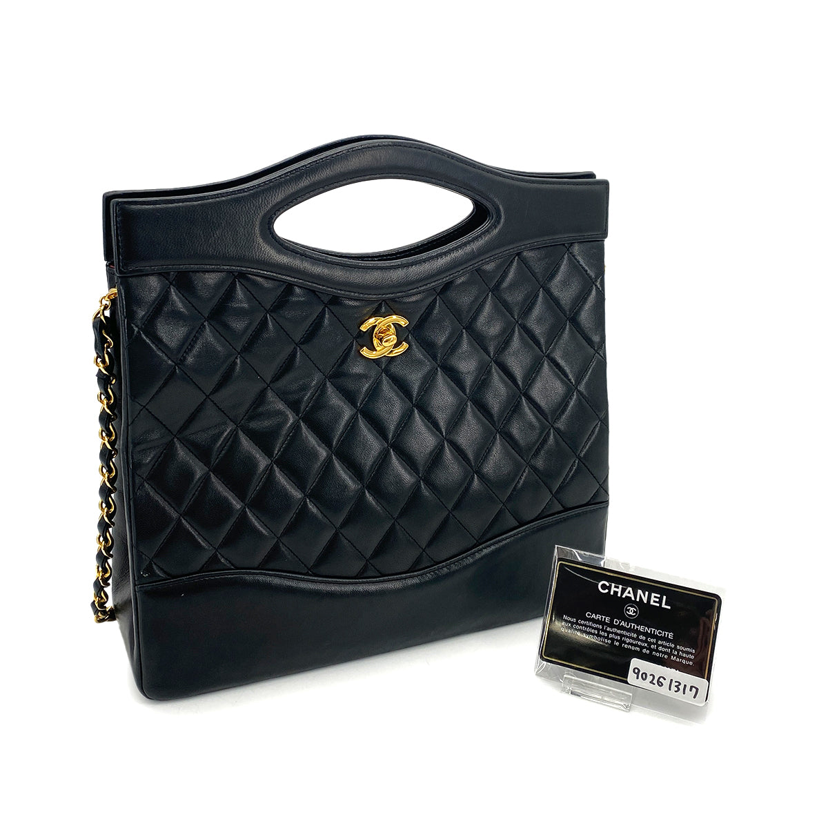 CHANEL VINTAGE CHAIN TOTE SHOULDER BAG BLACK LAMB SKIN 90261317