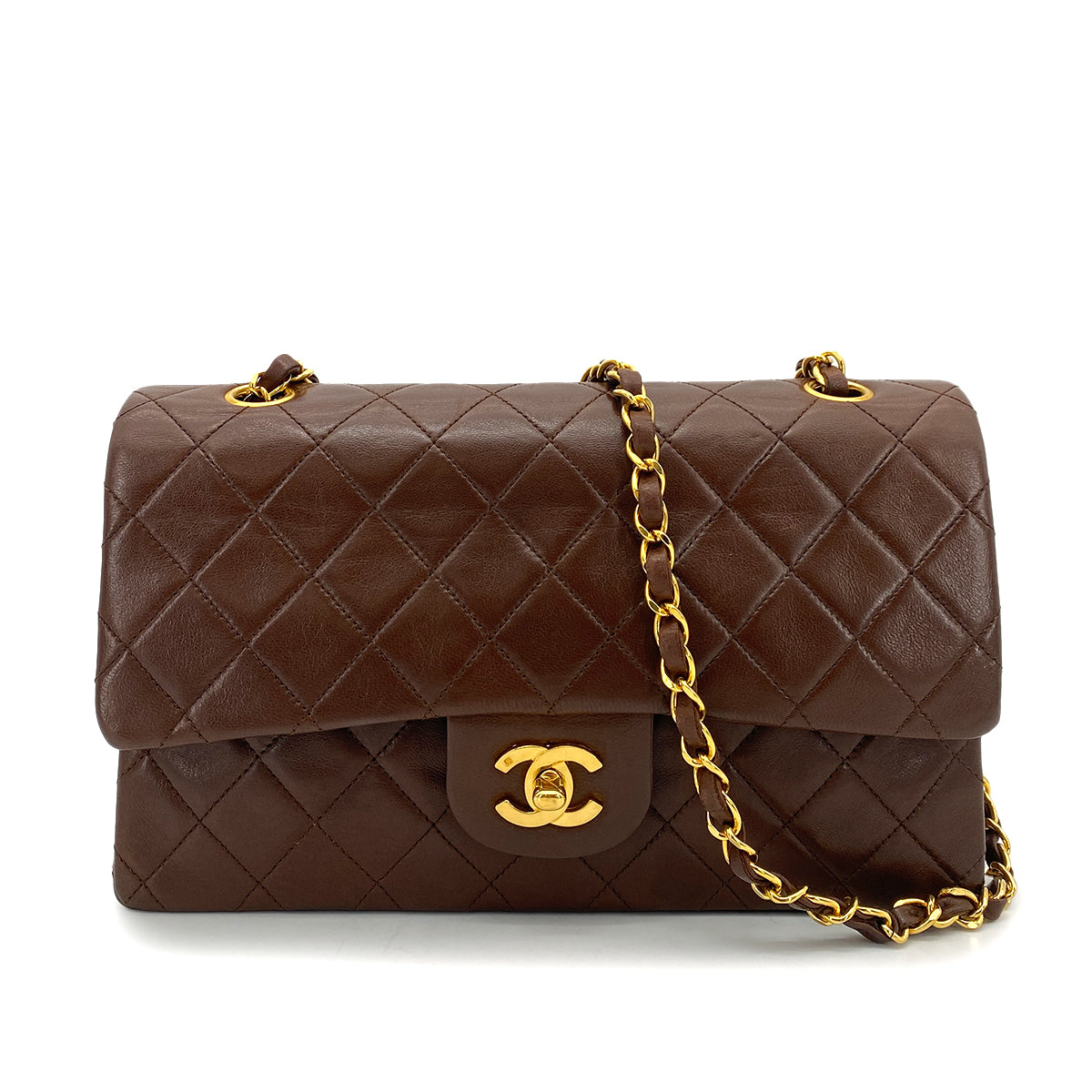 CHANEL VINTAGE CLASSIC FLAP MEDIUM CHAIN SHOULDER BAG BROWN LAMB SKIN 90261320