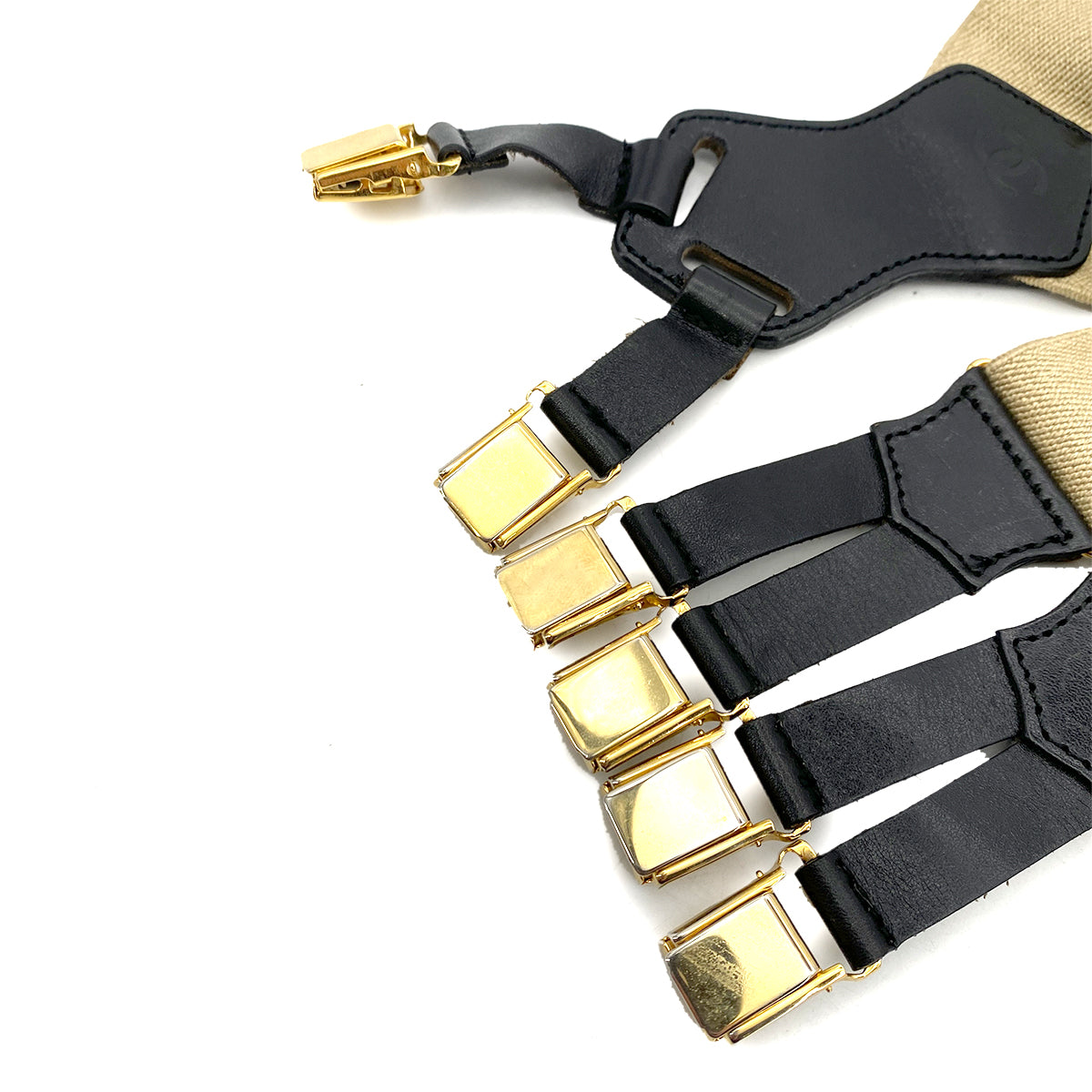 CHANEL VINTAGE SUSPENDER LOGO BEIGE BLACK CANVAS LEATHER 90261346