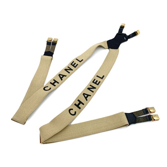 CHANEL VINTAGE SUSPENDER LOGO BEIGE BLACK CANVAS LEATHER 90261346