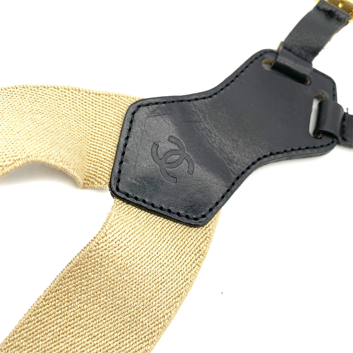 CHANEL VINTAGE SUSPENDER LOGO BEIGE BLACK CANVAS LEATHER 90261346