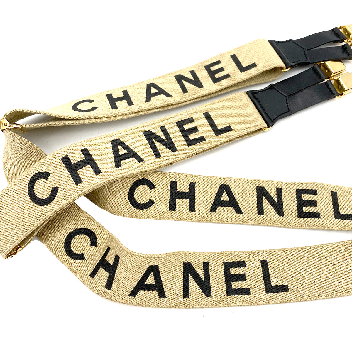 CHANEL VINTAGE SUSPENDER LOGO BEIGE BLACK CANVAS LEATHER 90261346