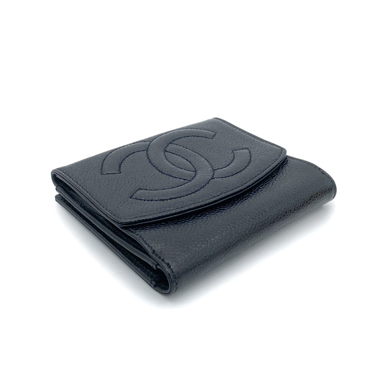 CHANEL VINTAGE BIFOLD COMPACT WALLET BLACK CAVIAR SKIN 90261347