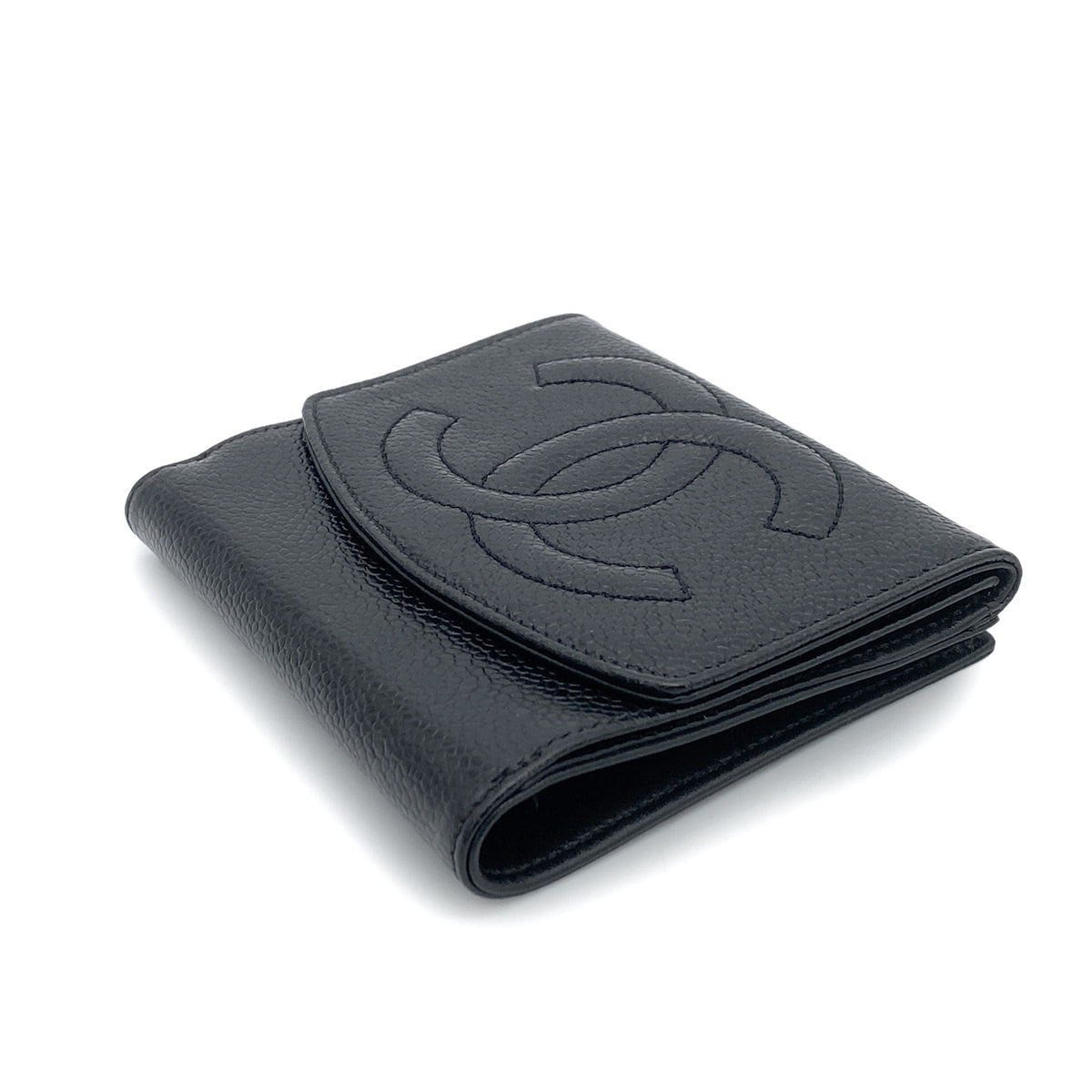 CHANEL VINTAGE BIFOLD COMPACT WALLET BLACK CAVIAR SKIN 90261347