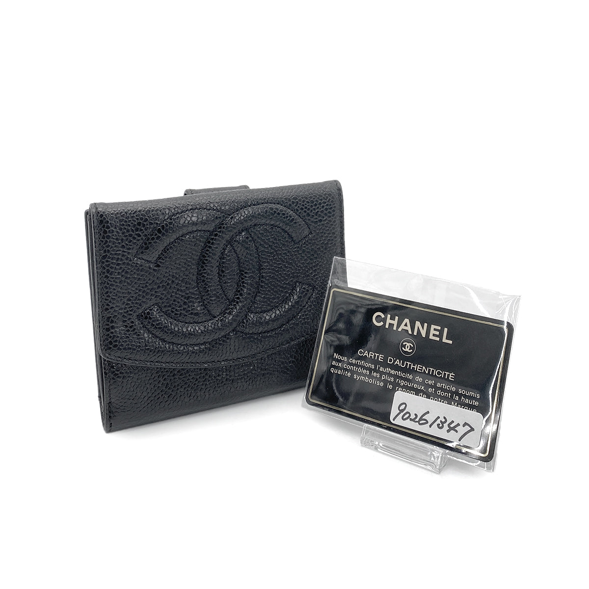 CHANEL VINTAGE BIFOLD COMPACT WALLET BLACK CAVIAR SKIN 90261347