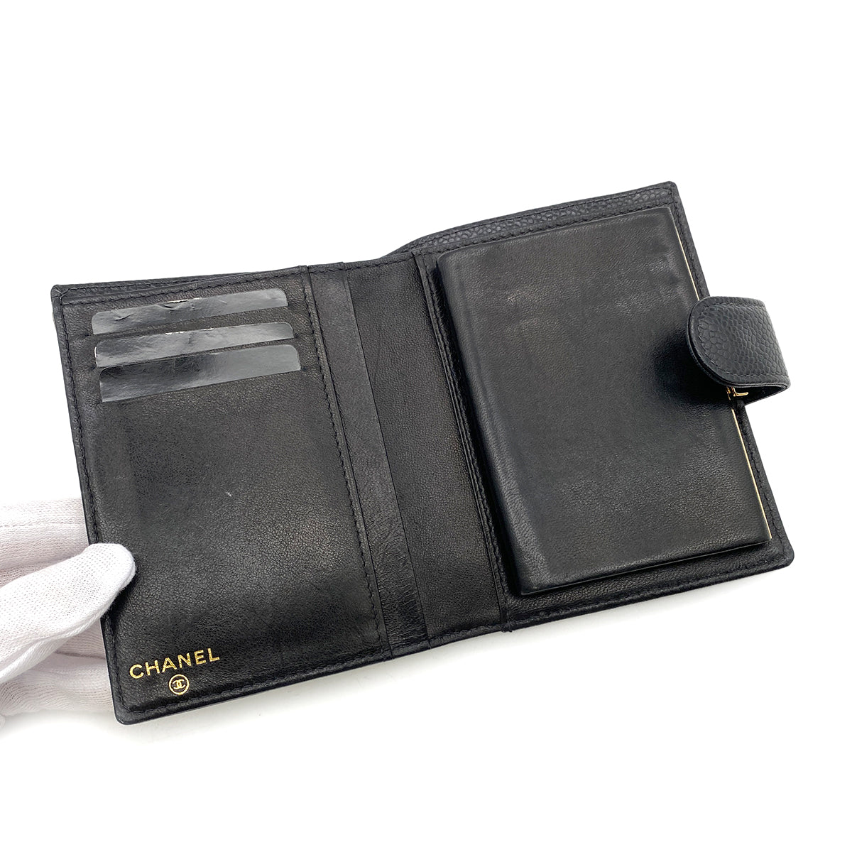 CHANEL VINTAGE BIFOLD COMPACT WALLET BLACK CAVIAR SKIN 90261348