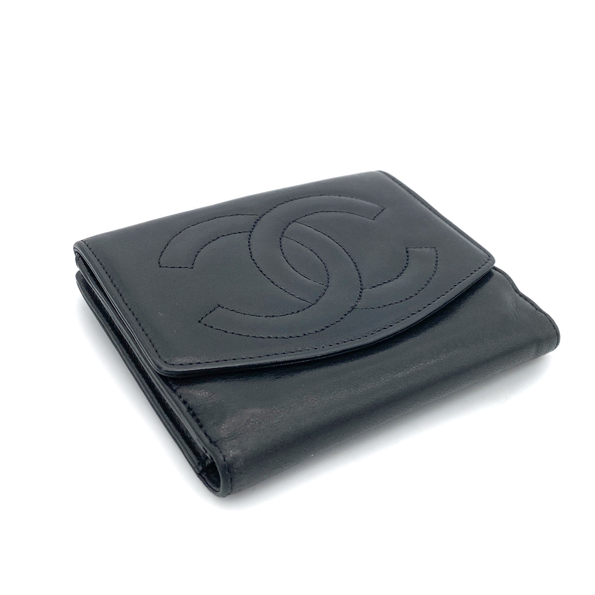 CHANEL VINTAGE BIFOLD COMPACT WALLET BLACK LAMB SKIN 90261356